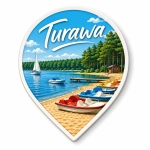 Pamiątkowy magnes Turawa z widokiem plaży, łodzi wypożyczalni, drewnianego mola, lasu i jeziora