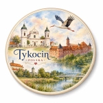 Magnes pamiątkowy Tykocin z motywem kościoła, zamku, panoramy miasta i rzeki