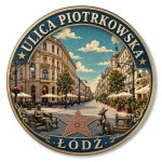 Magnes pamiątkowy z motywem ulicy Piotrkowskiej w Łodzi, przedstawiający zabudowę ulicy, lokale i przechodniów