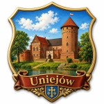 Pamiątkowy magnes Uniejów z motywem zamku, drzew i rzeki