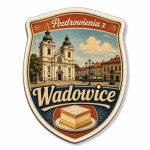 Pamiątkowy magnes Wadowice z motywem kościoła i kawałka ciasta
