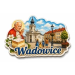 Magnes pamiątkowy z motywem Wadowic, papieża Jana Pawła II, kościoła i tradycyjnego ciastka