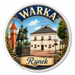 Magnes pamiątkowy przedstawiający Rynek w Warce z pomnikiem Stefana Czarnieckiego
