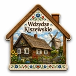 Magnes Wdzydze Kiszewskie z motywem drewnianego domu z dachem strzechowym, kwiatami, płotem i wiatrakiem w tle