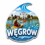 Magnes pamiątkowy Węgrów z motywem jeziora i kościoła