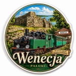 Magnes Wenecja z widokiem zielonego parowozu wąskotorowego, stacji kolejowej, jeziora i zabytkowego zamku