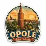 Pamiątkowy magnes Opole z widokiem na Wieżę Piastowską, panoramę miasta i zachód słońca