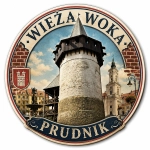 Pamiątkowy magnes z motywem Wieży Woka w Prudniku i tłem miasta