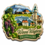 Magnes pamiątkowy Winne Wzgórze w Zielonej Górze z motywem winnic, budynków i winogron