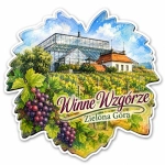 Magnes pamiątkowy przedstawiający Winne Wzgórze w Zielonej Górze, winnicę, szklarnię, winorośle i wiejski dom