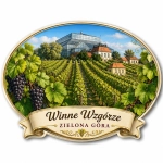 Magnes pamiątkowy przedstawiający Winne Wzgórze, winnicę, szklarnię i winogrona w Zielonej Górze