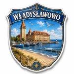 Magnes pamiątkowy z widokiem na Władysławowo, portem, plażą i budynkiem z czerwoną dachówką