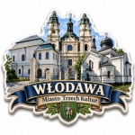 Magnes pamiątkowy Włodawa – budynek z trzema wieżami i herbem miasta