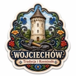 Magnes Wojciechów z widokiem na wieżę obronną, motywami kwiatowymi i narzędziowymi
