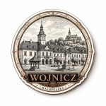 Magnes pamiątkowy z panoramą Wojnicza i widokiem na historyczne budynki oraz kościół na wzgórzu
