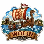 Magnes pamiątkowy z wikingami na łodzi – Wolin