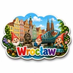 Magnes pamiątkowy z Wrocławia przedstawiający Stare Miasto, most Tumski, katedrę i trzy zabawne gnomy