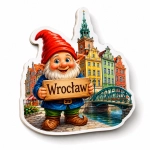 Magnes pamiątkowy Wrocław z motywem kolorowych budynków i mostu nad rzeką.