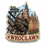 Pamiątkowy magnes Wrocław z motywem gnoma z długą brodą, kolorowymi kamienicami i wieżą z zegarem