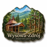 Pamiątkowy magnes Wysowa-Zdrój z motywem kapliczki w lesie i krzyżami