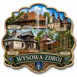 Magnes pamiątkowy Wysowa-Zdrój z motywem Parku Zdrojowego, Pijalni, cerkwi św. Michała, Starego Domu Zdrojowego i Jawora