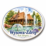 Pamiątkowy magnes Wysowa-Zdrój z widokiem na Park Zdrojowy, pawilon i fontannę