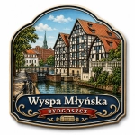 Magnes pamiątkowy z widokiem Wyspy Młyńskiej w Bydgoszczy nad rzeką Brdą