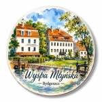 Pamiątkowy magnes przedstawiający Wyspę Młyńską w Bydgoszczy oraz Muzeum Okręgowe im. Leona Wyczółkowskiego