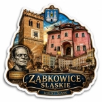 Magnes pamiątkowy Ząbkowice Śląskie z motywem zamku, historycznej zabudowy i Frankensteina