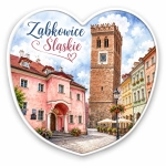 Magnes Ząbkowice Śląskie z widokiem starego miasta, ceglaną wieżą z zegarem i kolorowymi kamienicami