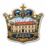 Magnes pamiątkowy z motywem Pałacu Książęcego w Żaganiu, z koroną, czerwoną dachówką i żółtymi fasadami