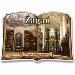 Magnes pamiątkowy Żagań z motywem biblioteki i kościoła