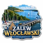 Magnes pamiątkowy z widokiem na Zalew Włocławski, porty jachtowe, most i lasy
