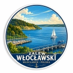 Pamiątkowy magnes Zalew Włocławski z jachtem żaglowym, molem, łodziami, zielonymi wzgórzami i niebieskim niebem