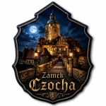 Magnes pamiątkowy z nocnym widokiem Zamku Czocha, oświetlonymi oknami i kamiennym mostem
