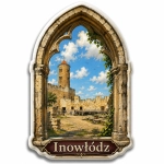 Pamiątkowy magnes przedstawiający Zamek Kazimierza Wielkiego w Inowłodzu, widoczny przez gotycki portal