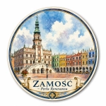 Magnes pamiątkowy przedstawiający Rynek Wielki w Zamościu, barokowe budynki i wieżę ratuszową
