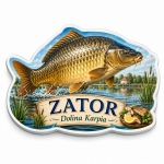 Pamiątkowy magnes z Zatoru z motywem skaczącego karpia i napisem Dolina Karpia