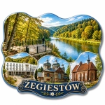 Magnes Żegiestów z widokiem rzeki, drewnianego mostu, jesiennego lasu, hotelu, cerkwi i kościoła