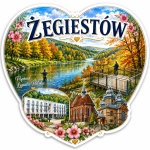 Magnes pamiątkowy Żegiestów z widokiem na rzekę, lasy, kościół i hotel w tle