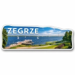 Magnes Zegrze przedstawiający jezioro, most wiszący, molo i żaglówki