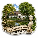 Magnes pamiątkowy Żelazowa Wola z motywem Domu Urodzenia Chopina, parku, stawu i muzyki