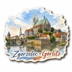 Magnes pamiątkowy Zgorzelec i Görlitz nad Nysą z widokiem miasta, kościoła i mostu