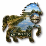 Magnes pamiątkowy Zwierzyniec w kształcie konia z krajobrazem rzeki, lasu i budynku