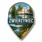 Pamiątkowy magnes ze Zwierzyńca z motywem kościoła nad jeziorem