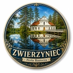 Magnes pamiątkowy Zwierzyniec z motywem barokowego budynku nad jeziorem