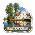 Pamiątkowy magnes Zwierzyniec z motywem barokowego budynku nad jeziorem