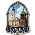 Magnes turystyczny z kościołem i drewnianą wieżą w Żywcu