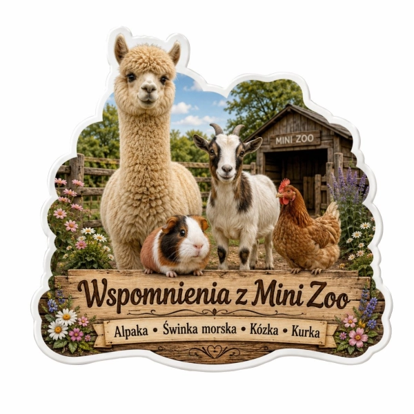 Magnes z mini zoo: alpaka, świnka morska, kózka i kurka