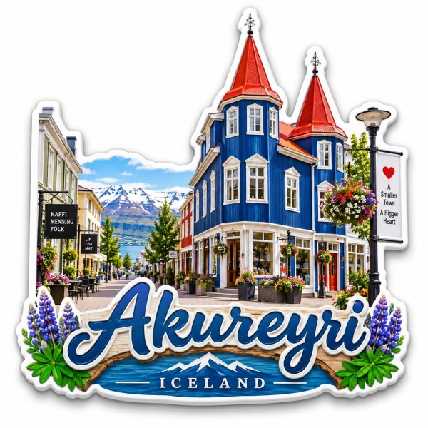 Magnes pamiątkowy z motywem Akureyri w Islandii